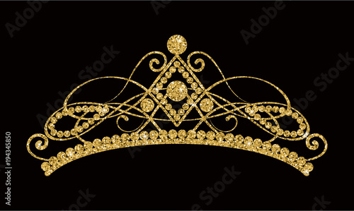 Glittering Diadem. Golden tiara isolated on black background.