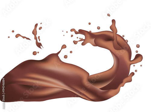 3d realistic twisted dark chocolate milk splash with drops.  Isolated cocoa yogurt caramel cream surfing wave. Coffee Product package design. EPS10 Vector