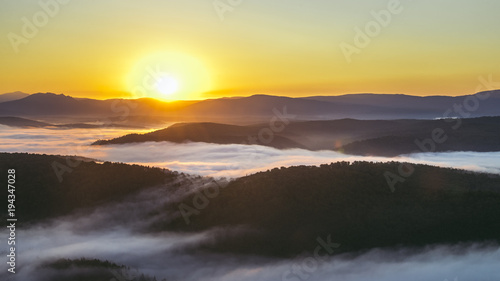 Mountain valley during spectacular sunrise. Natural summer landscape.