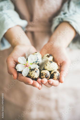 Easter holiday greeting card. Natural colored eggs in feminine hands with tender Spring almond blossom flower and feather.