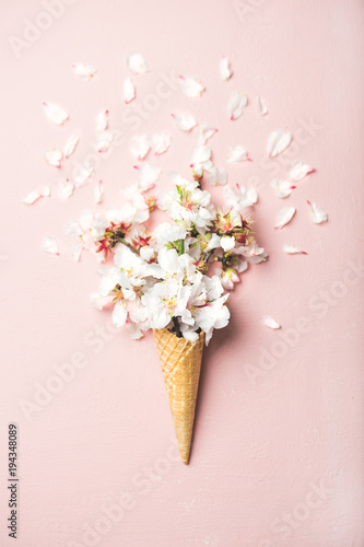 Plakat Leżał gofra słodki rożek z białymi migdałowymi kwiatami kwitnie nad pastelowym światłem - różowy tło, odgórny widok. Koncepcja nastroju na wiosnę lub lato