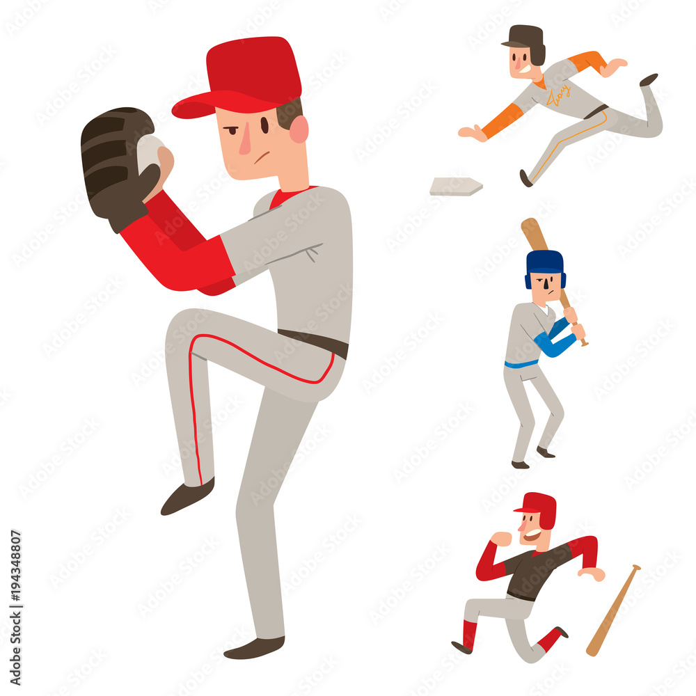 Baseball team player vector sport man in uniform game poses situation professional league sporty character winner illustration. Baseball team player vector sport man in uniform game poses situation professional league sporty character winner illustration.