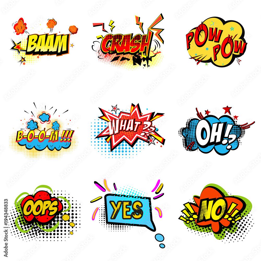 Pop art ilustration. Onomatopoeic expressions crash, pow, boom, what