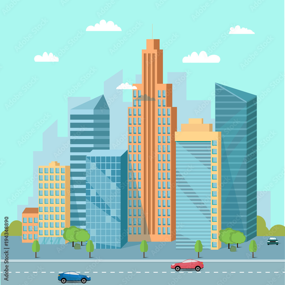 Urban landscape with skyscrapers and city buildings near the freeway - roads with car trafic. Vector illustration