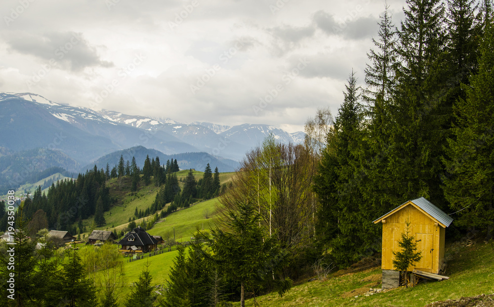 small wooden house in the mountains snowcovered with green grass and trees