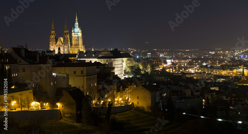 Night winter Prague City with gothic Castle, Czech Republic