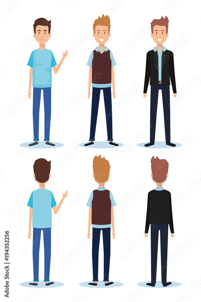 group of youngs men poses styles vector illustration design
