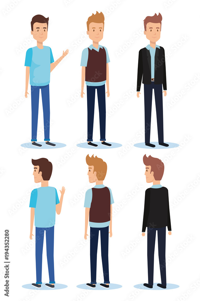 group of youngs men poses styles vector illustration design