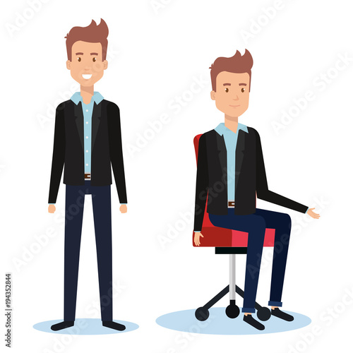 businessmen posing on office chair and stand vector illustration design