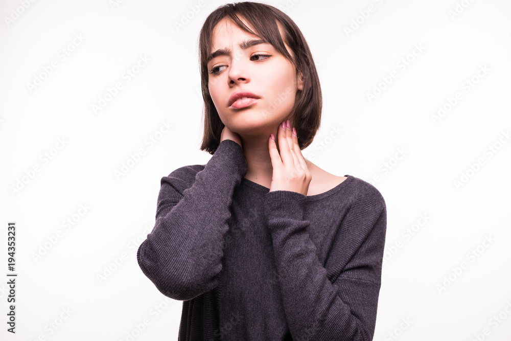 beautiful teen girl pain in the neck isolated on white background beautiful teen girl pain in the neck isolated on white background