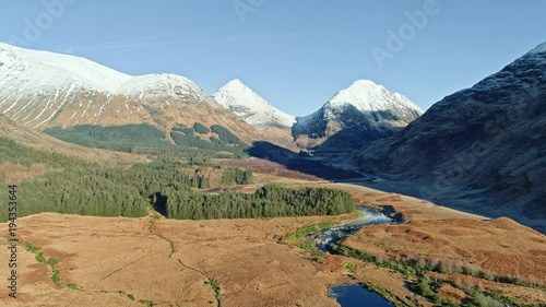 Aerial view of Glen Etive – mountains, rivers and lakes of Scottish highlands, UK. photo