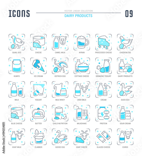 Set Blue Line Icons of Dairy Products.