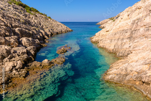 Small bay with crystal sea water. Korakonisi Island on western side of Zakynthos. Zante  Greece