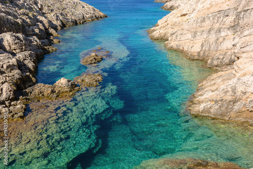 Small bay with crystal sea water. Korakonisi Island on western side of Zakynthos. Zante  Greece