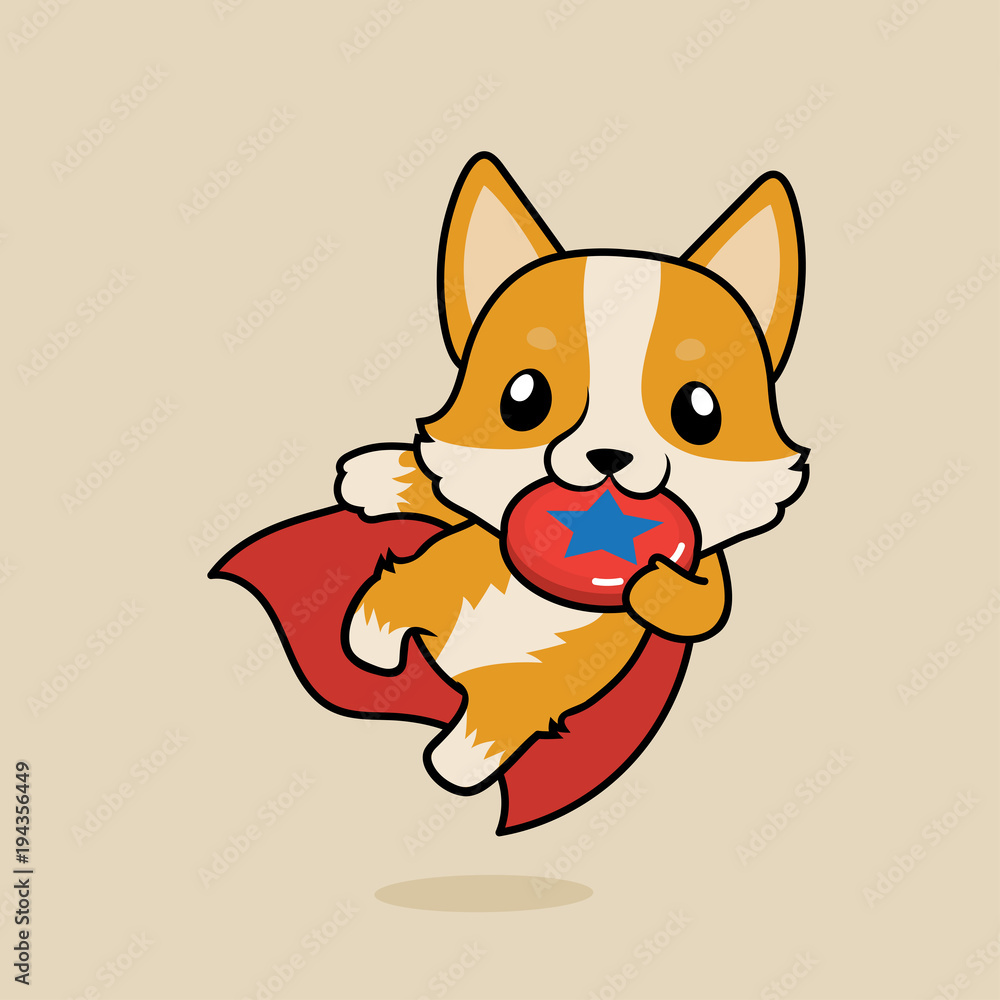 Cute cartoon character design Pembroke Welsh Corgi dog dog super dog, playing Frisbee or flying plastic disc Cute cartoon character design Pembroke Welsh Corgi dog dog super dog, playing Frisbee or flying plastic disc