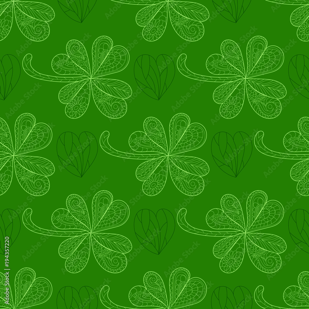 Clover, shamrock on St. Patrick's Day green seamless pattern. Hand drawn background. Vintage elements texture print, fabric, paper. Textile, book cover, web, magazine tribal motif. Irish, Asian,Arabic Clover, shamrock on St. Patrick's Day green seamless pattern. Hand drawn background. Vintage elements texture print, fabric, paper. Textile, book cover, web, magazine tribal motif. Irish, Asian,Arabic