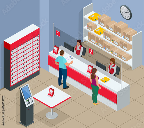 Isometric Post Office concept. Young man and woman waiting for a parcel in a post office. Correspondence isolated vector illustration
