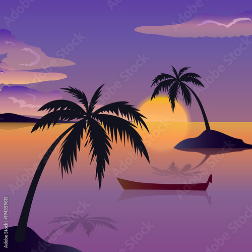 Fototapeta Naklejka Na Ścianę i Meble -  Tropical sea landscape, black silhouettes islands with palm trees , clouds, sky with clouds, sun, wooden boat