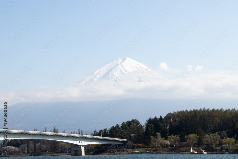 Mountain Fuji with snow cap as background and bridge with lake kawaguchiko as foreground. Mount Fuji is the famous travel destination in japan