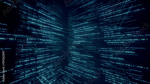Virtual space with running code in the form of cubes 3d illustration