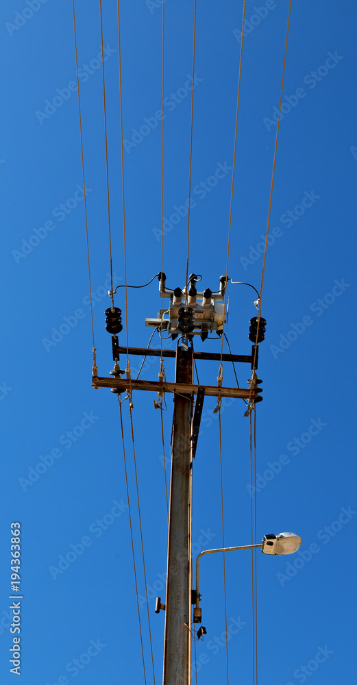 power line with electrical pole in the clear sky power line with electrical pole in the clear sky