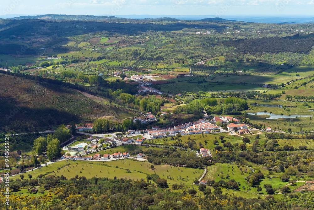 Aerial view on a Portuguese village hills and fields