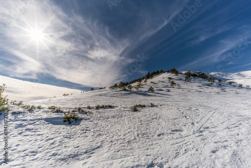 Penalara Natural Park winter scene. "Circo Glaciar" Cirque glacier covered with snow . Located in the Sierra de Guadarrama, mountainous axis called the Central System, in Madrid Community, Spain