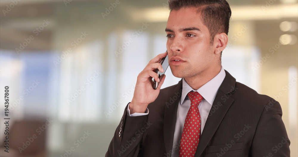 Young Hispanic business professional talking on smartphone in office. Millennial Latino businessman using smart phone to make a call Young Hispanic business professional talking on smartphone in office. Millennial Latino businessman using smart phone to make a call