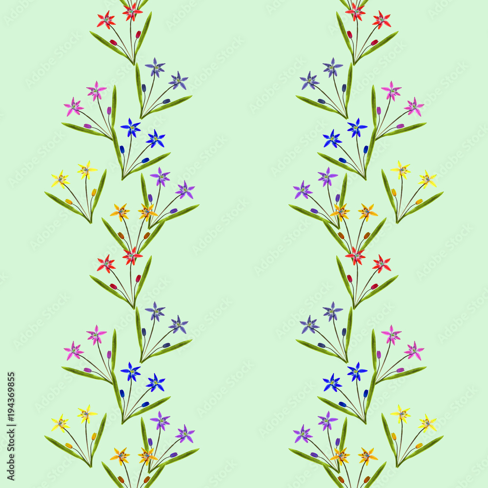 Naklejka Bluebell, scilla, pierwiosnki. Bezszwowa deseniowa tekstura kwiaty. Kwiatowy tło, kolaż zdjęć