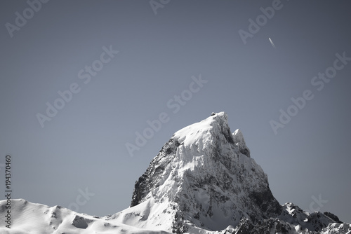 close up of beautiful mountain top pic du midi in pyrenees mountain range in black and white, france