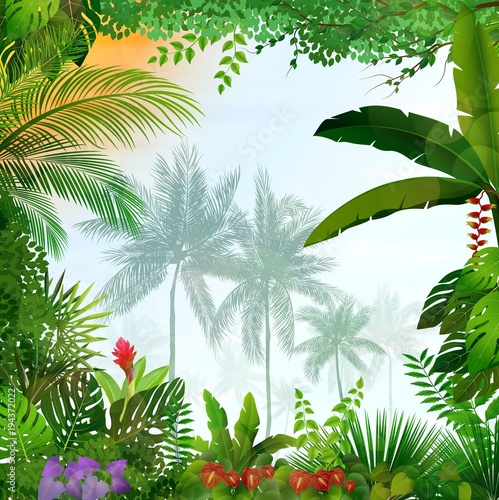 Tropical landscape with palm trees and leaves