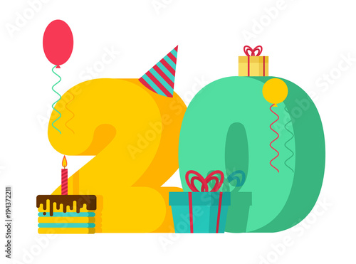 20 year Birthday sign. 20th Template greeting card anniversary celebration. twenty number and festive piece of cake with candle. Balloon and Gift box.
