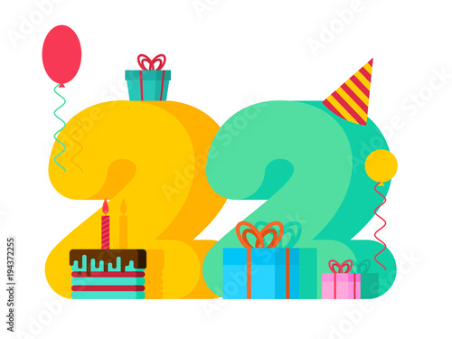 22 year Birthday sign. 22th Template greeting card anniversary celebration. twenty two number and festive piece of cake with candle. Balloon and Gift box.