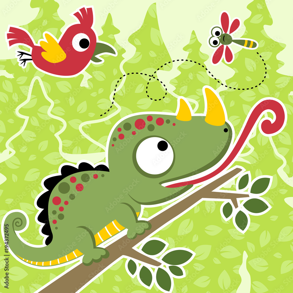 Forest animals cartoon, hungry chameleon, bird, dragonfly