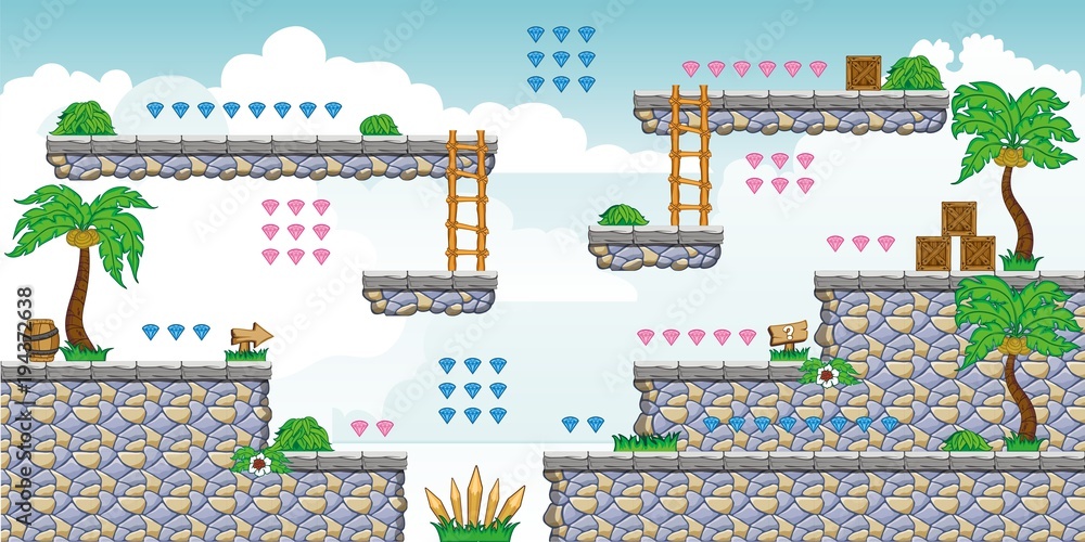 Tile set platform for game, A set of layered vector game asset, contains background, ground tiles and several items, objects, decorations, used for creating mobile games Tile set platform for game, A set of layered vector game asset, contains background, ground tiles and several items, objects, decorations, used for creating mobile games