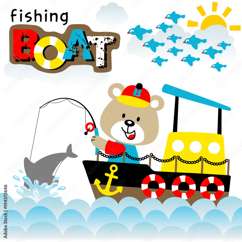Fototapeta premium Little fisher cartoon on fishing boat