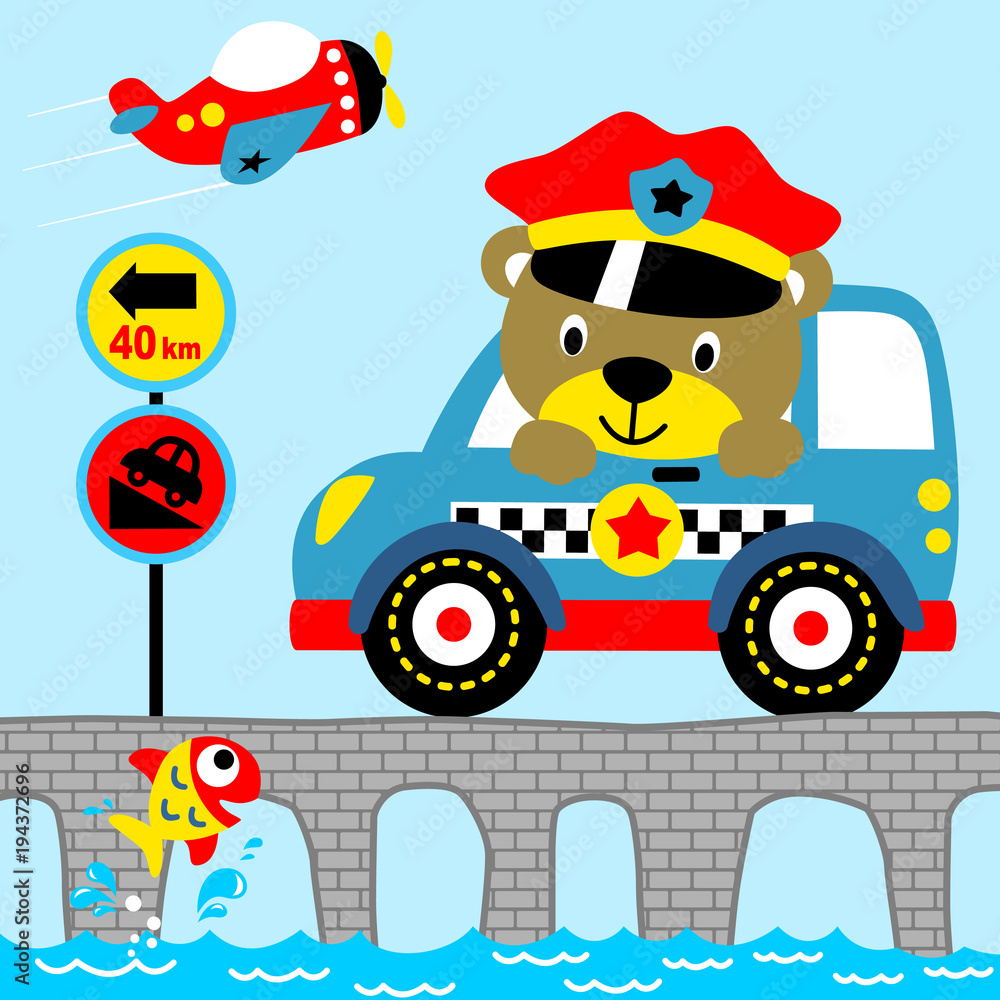 funny traffic cop with patrol car on bridge funny traffic cop with patrol car on bridge