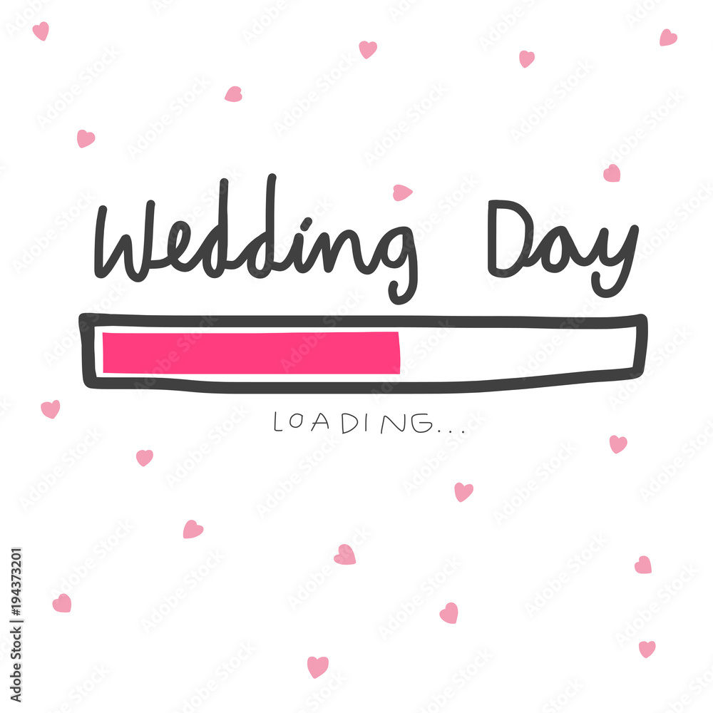 Wedding day loading and pink hearts vector illustration doodle style