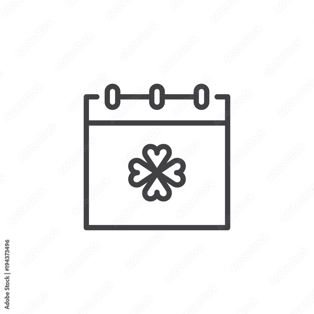 Calendar with clover outline icon. linear style sign for mobile concept and web design. St. Patrick's Day date simple line vector icon. Symbol, logo illustration. Calendar with clover outline icon. linear style sign for mobile concept and web design. St. Patrick's Day date simple line vector icon. Symbol, logo illustration.
