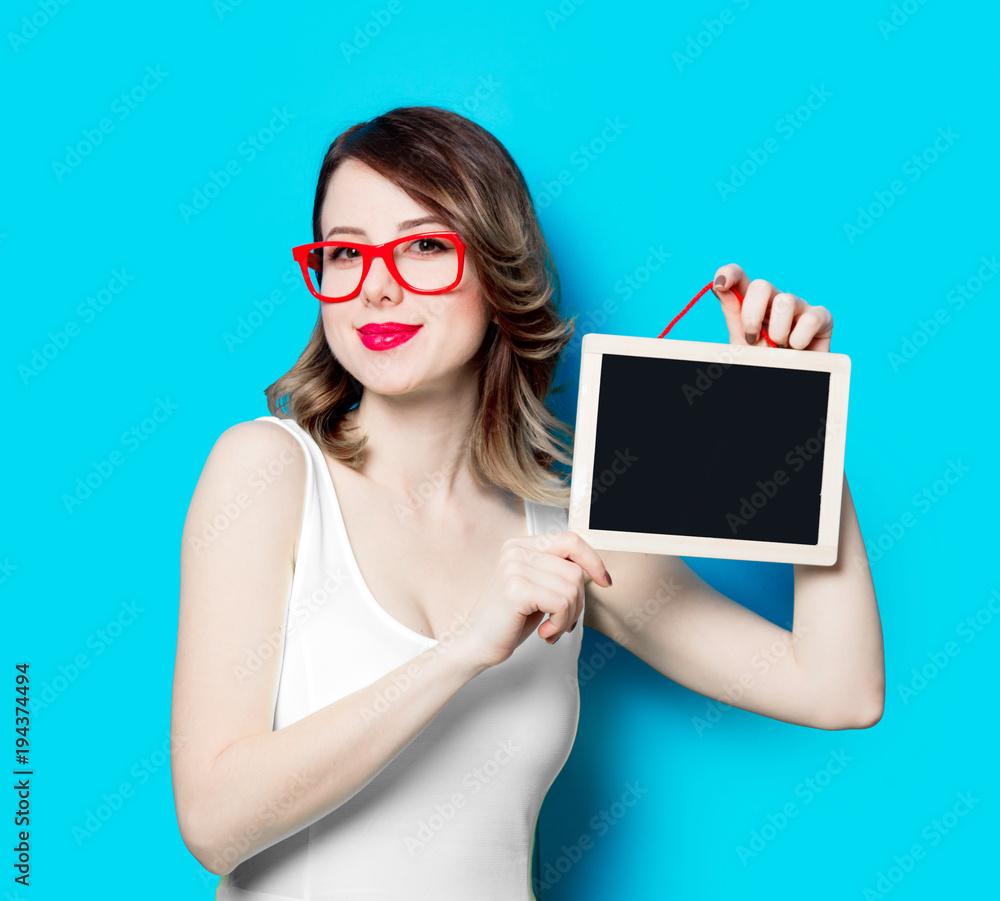 young woman with blackboard