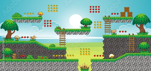 Tile set Platform for Game - A set of layered vector game asset, contains background, ground tiles and several items, objects, decorations, used for creating mobile games