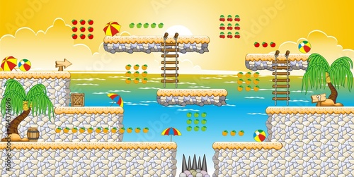 Tile set Platform for Game - A set of layered vector game asset,  contains background, ground tiles and several items, objects, decorations, used for creating mobile games