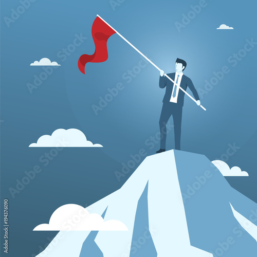 Businessman Holding Red Flag on the Top of Mountain, Concept of Business Success or Business conquerer.