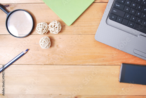 Wooden office desk table from top