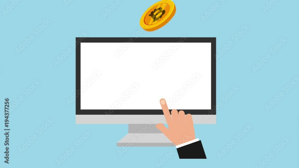 businessman hand computer falling bitcoin money digital animation