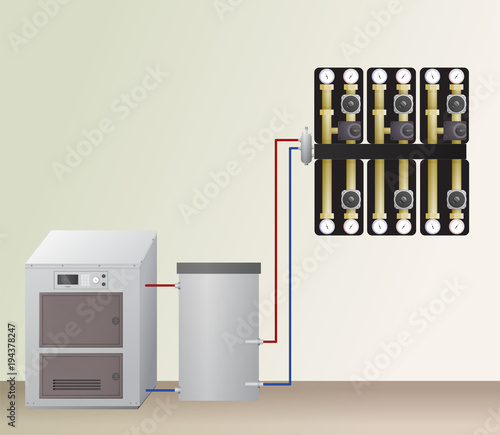 Solid fuel boiler with accumulator tank in the heating system. Vector illustration. HVAC equipment and pump units. Hydraulic strapping.
