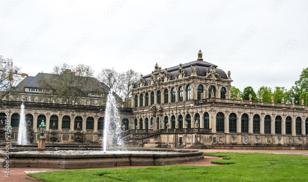 Fountain of Nymphenbad and the palace of Zwinger. The Royal Palace in Dresden. Tourist attraction of Germany