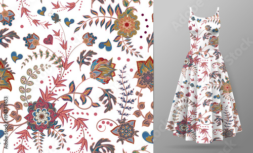 Vector seamless pattern of hand draw fantasy flowers on women's dress mockup. Hand-drawn ornate pattern with an example of application.