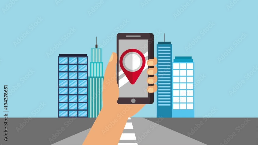 hand holding mobile pointer map in street city building gps navigation ...