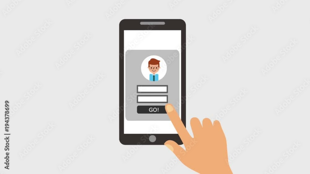 hand holds the smartphone and finger touches screen login page animation hand holds the smartphone and finger touches screen login page animation